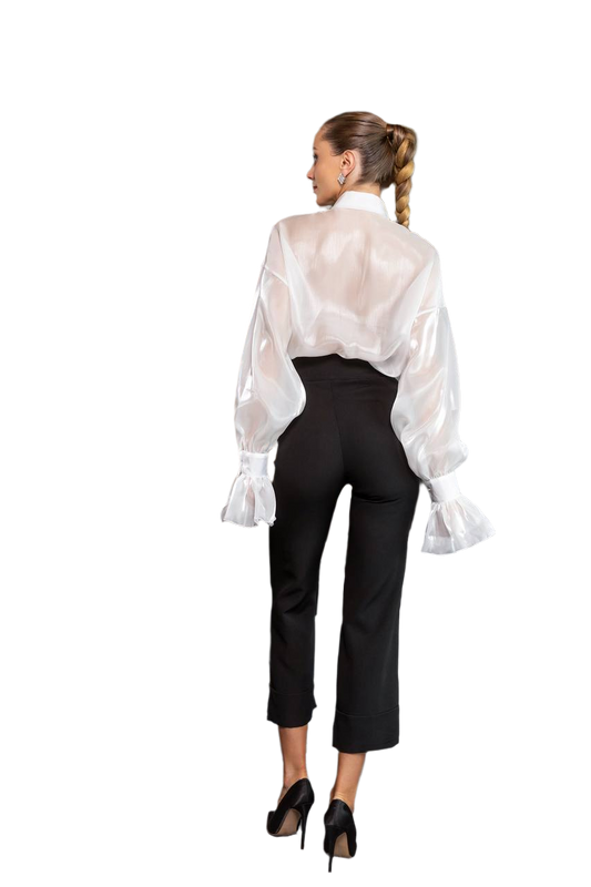 Woman wearing a sheer white blouse and black pants on a white background