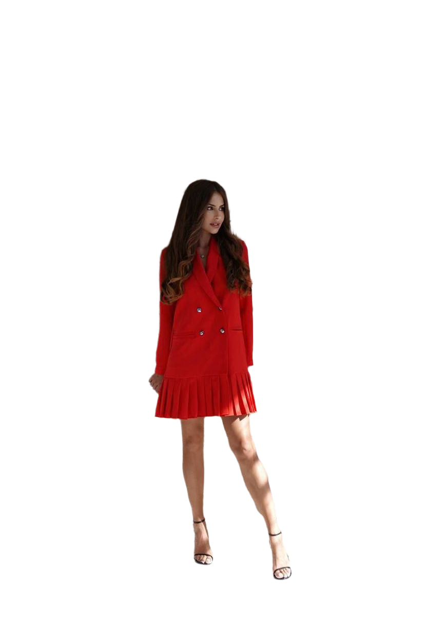 Woman wearing a red dress on a white background