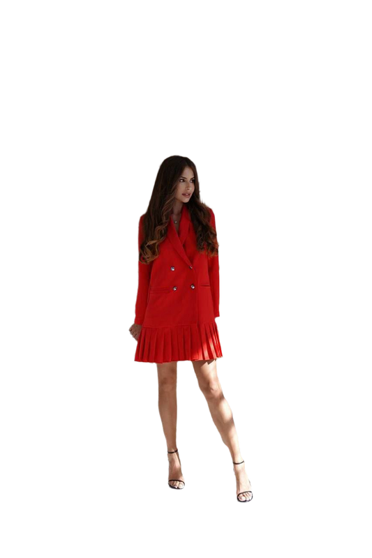 Woman wearing a red dress on a white background