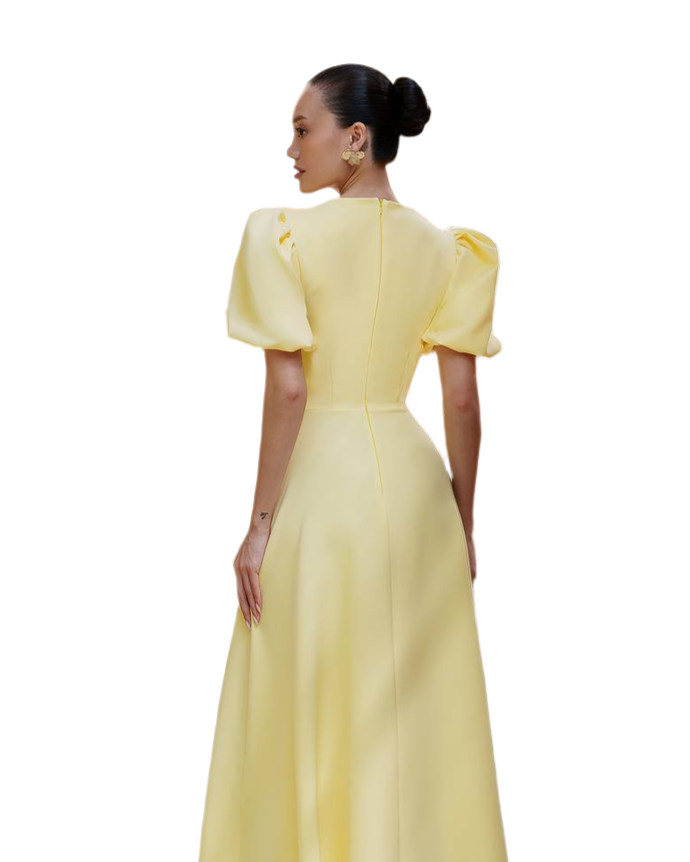 Women Midi Dress Premium Diagonal Suit Crepe Yellow Puff Sleeve
