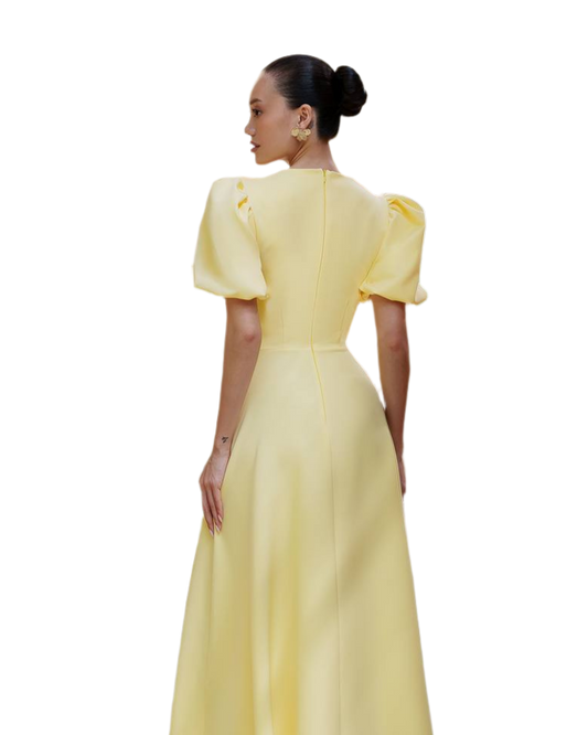 Women Midi Dress Premium Diagonal Suit Crepe Yellow Puff Sleeve
