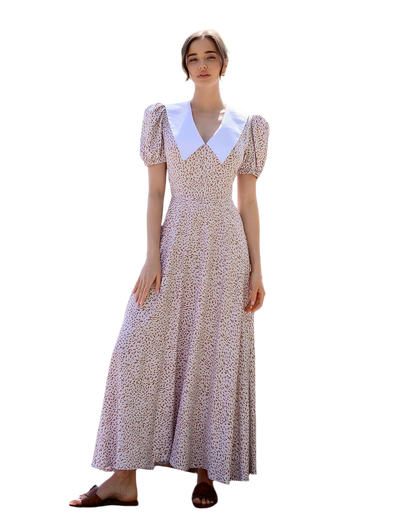 Elegant Printed Dress with Puff Sleeves and Wide Collar