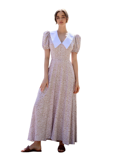 Elegant Printed Dress with Puff Sleeves and Wide Collar