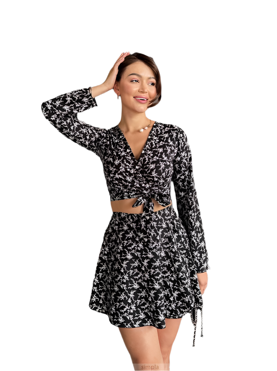 Women Stylish Black Floral Print Two-Piece Dress Set Lightweight Soft Material