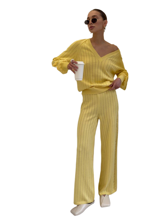 Spring Yellow Women Knit Suit with Dropped Sleeves and Wide Leg Trousers