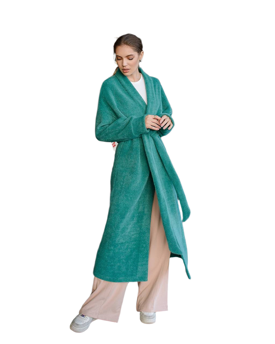 Womens Silva Fluffy Cardigan Long Sleeve Belted Coat Emerald Green