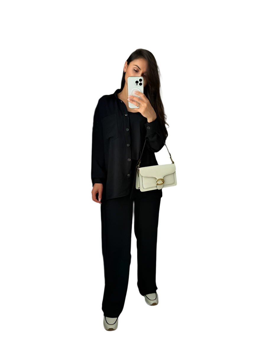 Stylish Comfortable Black Three-Piece Suit with Shirt Tank Top and Pants