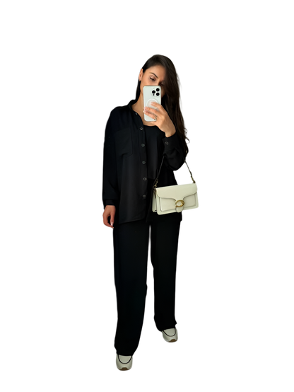 Stylish Comfortable Black Three-Piece Suit with Shirt Tank Top and Pants