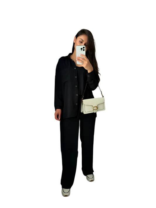 Stylish Comfortable Black Three-Piece Suit with Shirt Tank Top and Pants