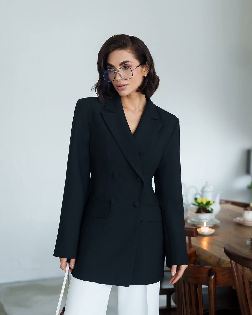Womens Black Blazer Dress Double Breasted Viscose Lined Suiting Fabric