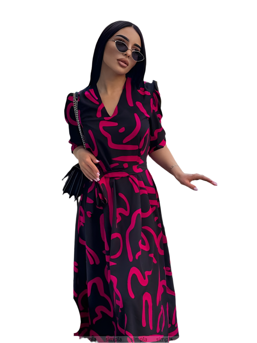 Lightweight Summer Dress in Bright Pink and Black Abstract Pattern