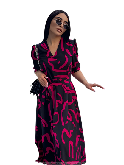 Lightweight Summer Dress in Bright Pink and Black Abstract Pattern