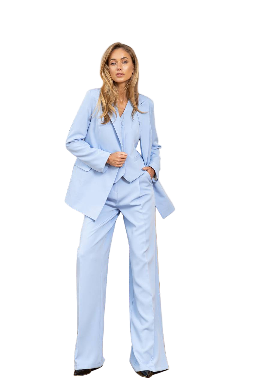 Women Three Piece Suit Sky Blue Diagonal Crepe Lined Vest Jacket Trousers