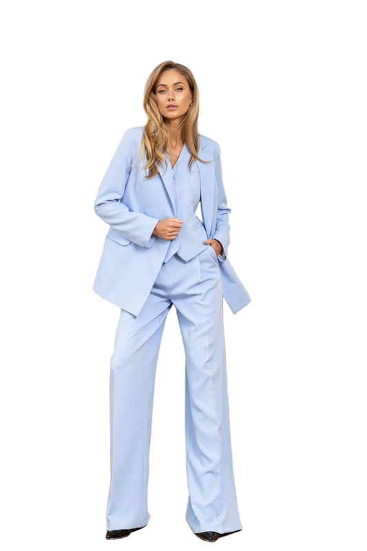 Women Three Piece Suit Sky Blue Diagonal Crepe Lined Vest Jacket Trousers