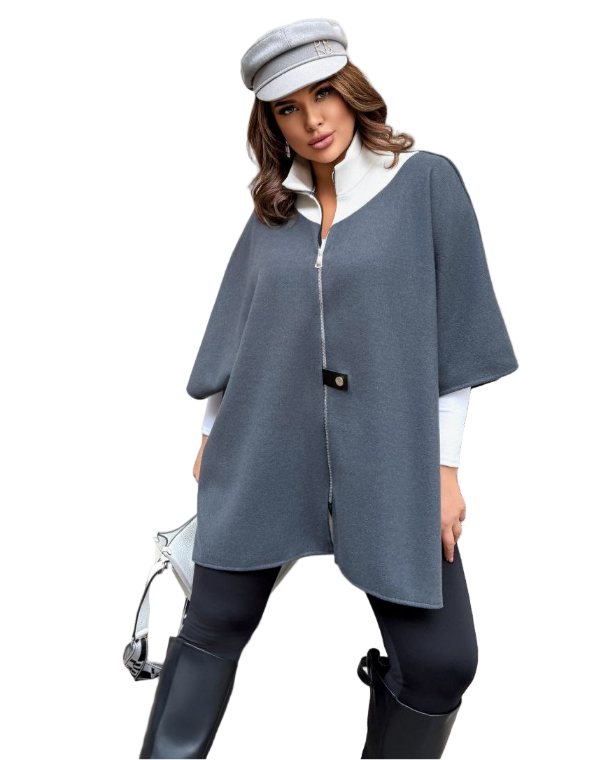 Gray Angora Knit Cardigan Poncho Zip Front Oversized Three Quarter Sleeve