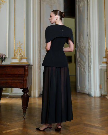 Elegant Corset Dress Set with Skirt and Cape in Premium Crepe and Chiffon