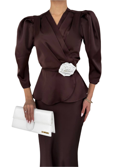 Elegant Womens Silk Satin Diana Suit with Belt