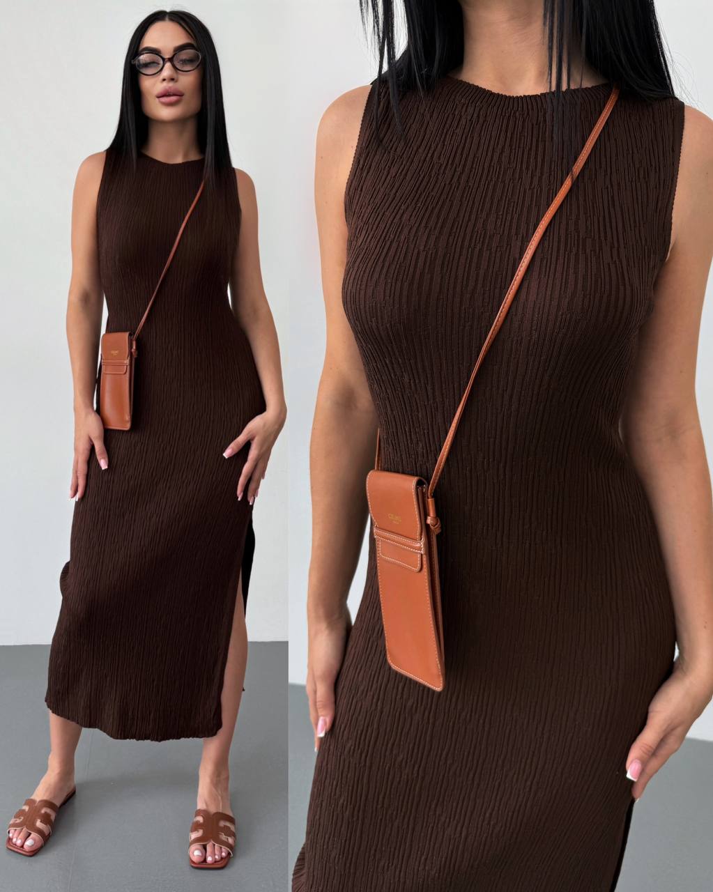 Woman wearing a brown dress with a brown crossbody bag against a white background