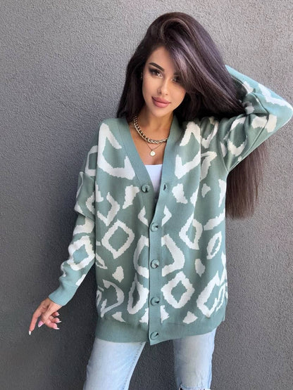 Womens Leo Cardigan Oversized Pattern Knit Sweater
