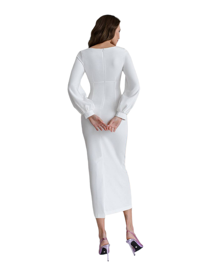 Elegant White Midi Dress for Women in Premium Suiting Crepe Fabric