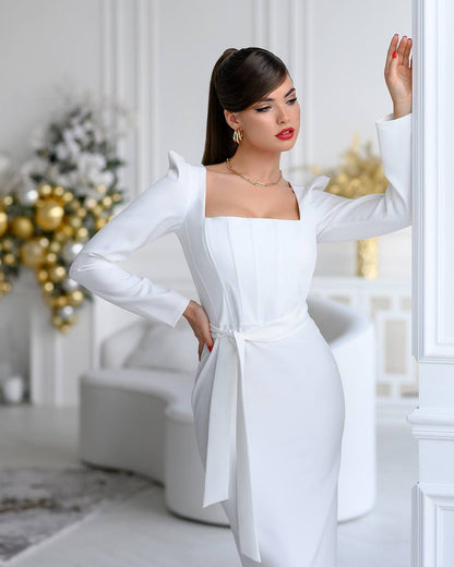 Elegant White Fitted Midi Dress with Corset and Belt