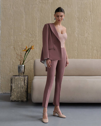 Brown Women Jacket Pants Suit Pantsuit Chic Oficial interview Elegant Cocktail Prom Graduation