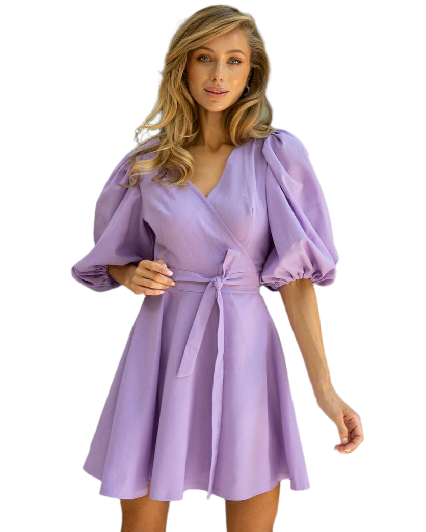 Linen Dress with Puff Sleeves and Waist Tie in Lavender