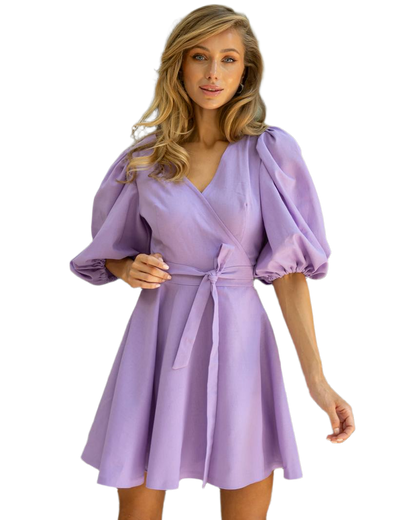 Linen Dress with Puff Sleeves and Waist Tie in Lavender