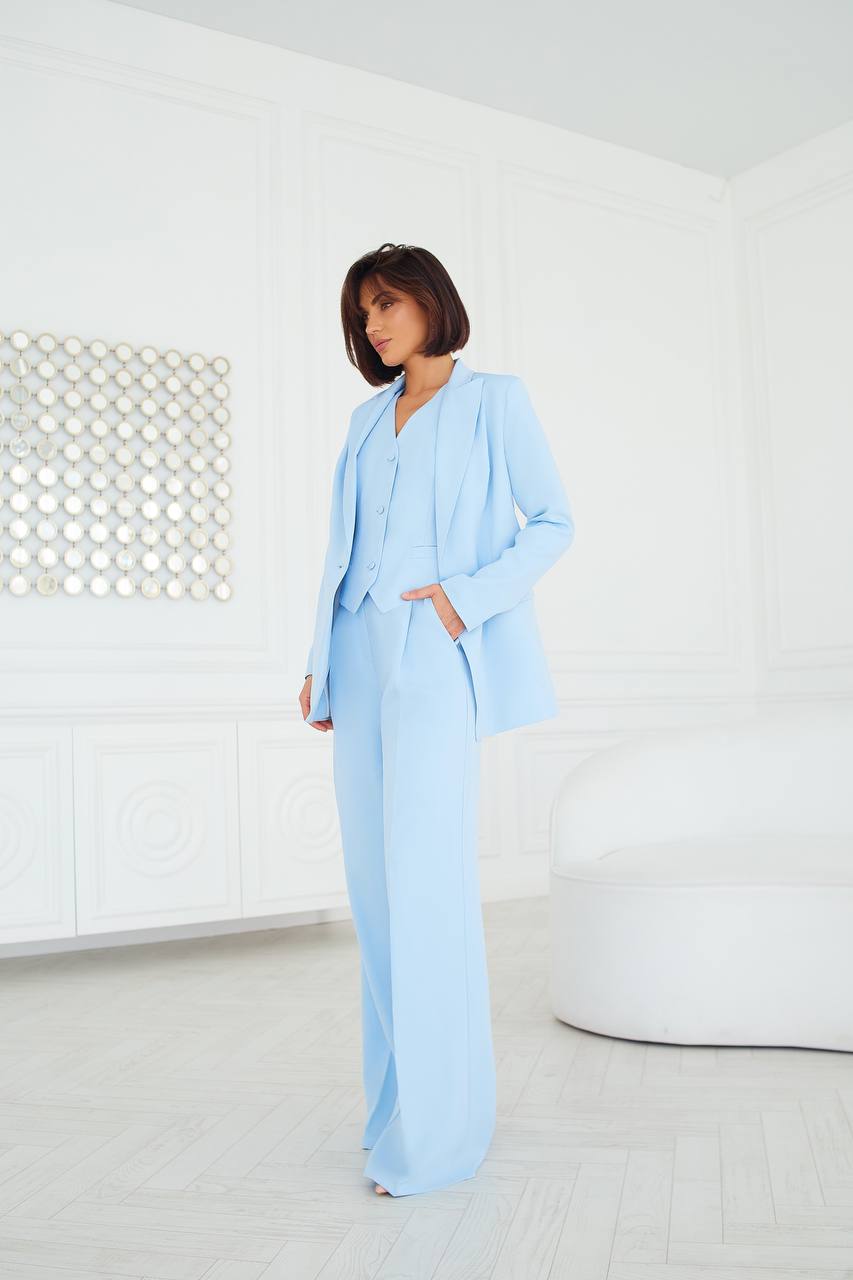 Women Three Piece Suit Sky Blue Diagonal Crepe Lined Vest Jacket Trousers