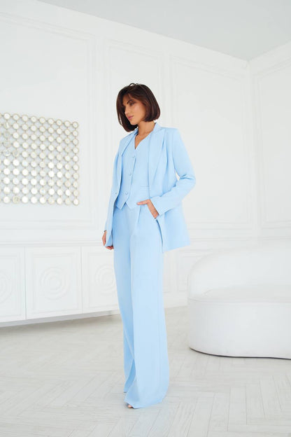Women Three Piece Suit Sky Blue Diagonal Crepe Lined Vest Jacket Trousers