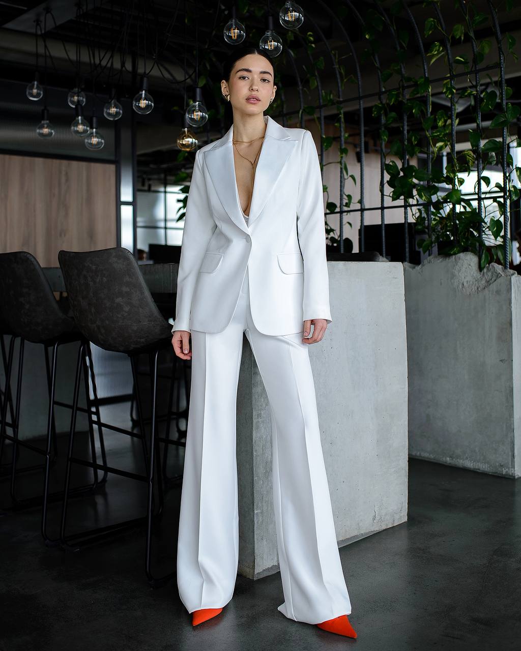 Womens Premium Diagonal Crepe Suit with Satin Collar in White