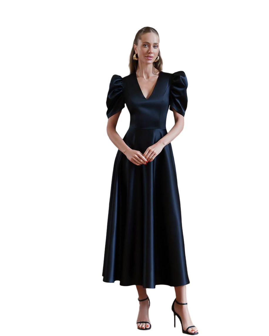 Elegant Premium Satin Midi Dress with Puff Sleeves