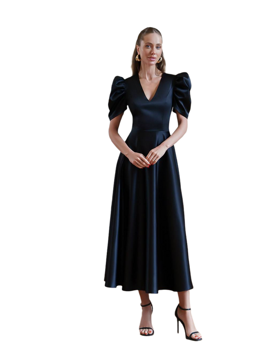 Elegant Premium Satin Midi Dress with Puff Sleeves