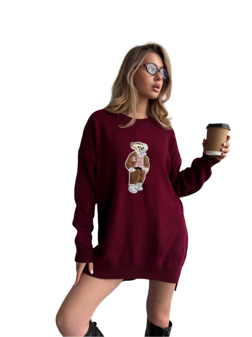 Women Long Sweater with Bear Design Burgundy Oversized Knit