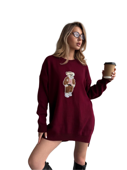 Women Long Sweater with Bear Design Burgundy Oversized Knit