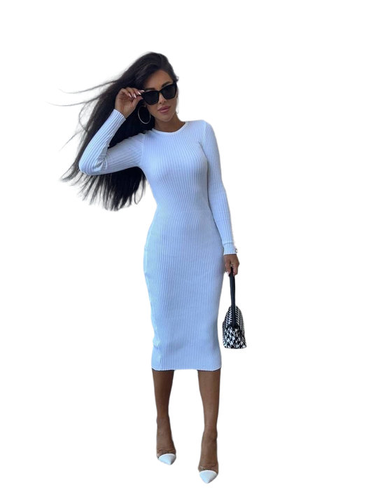 White Ribbed Knit Stretchable Silhouette Dress for Women