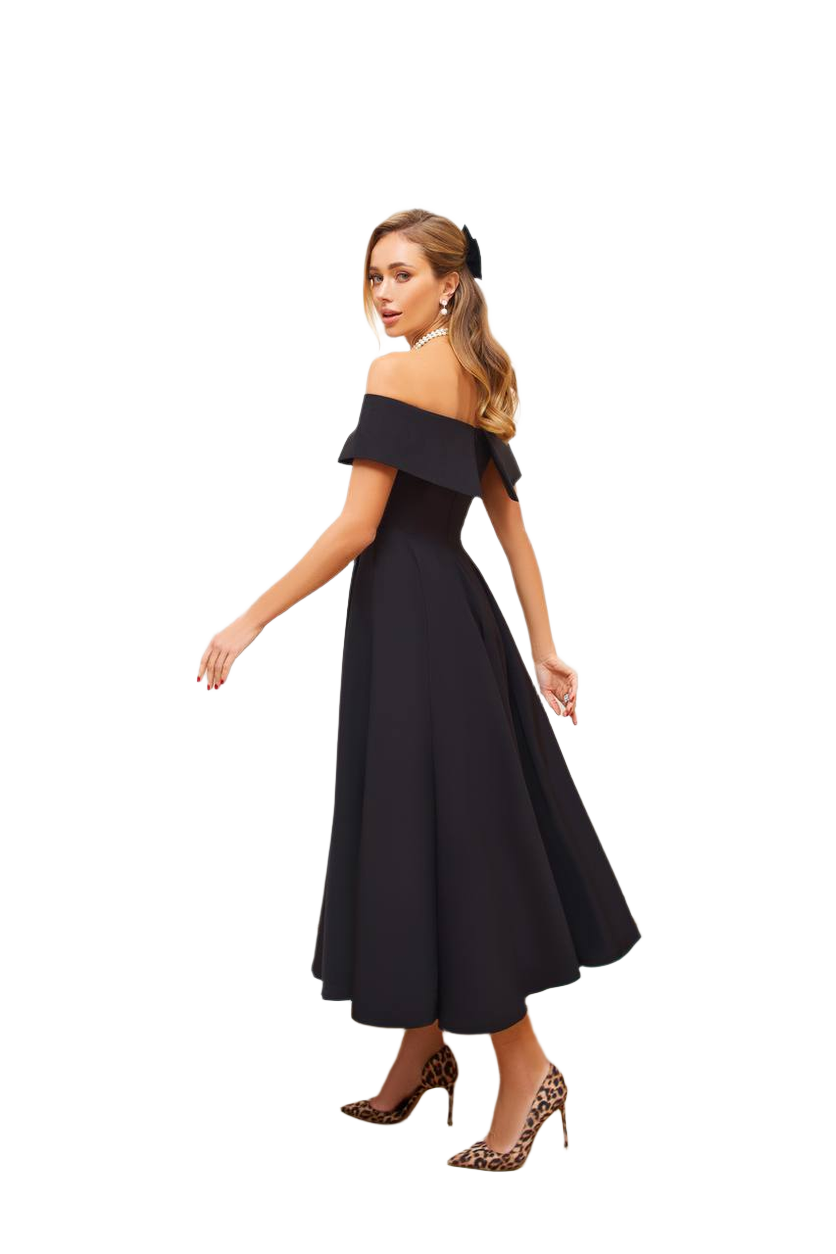Woman wearing a black off-shoulder dress on a white background