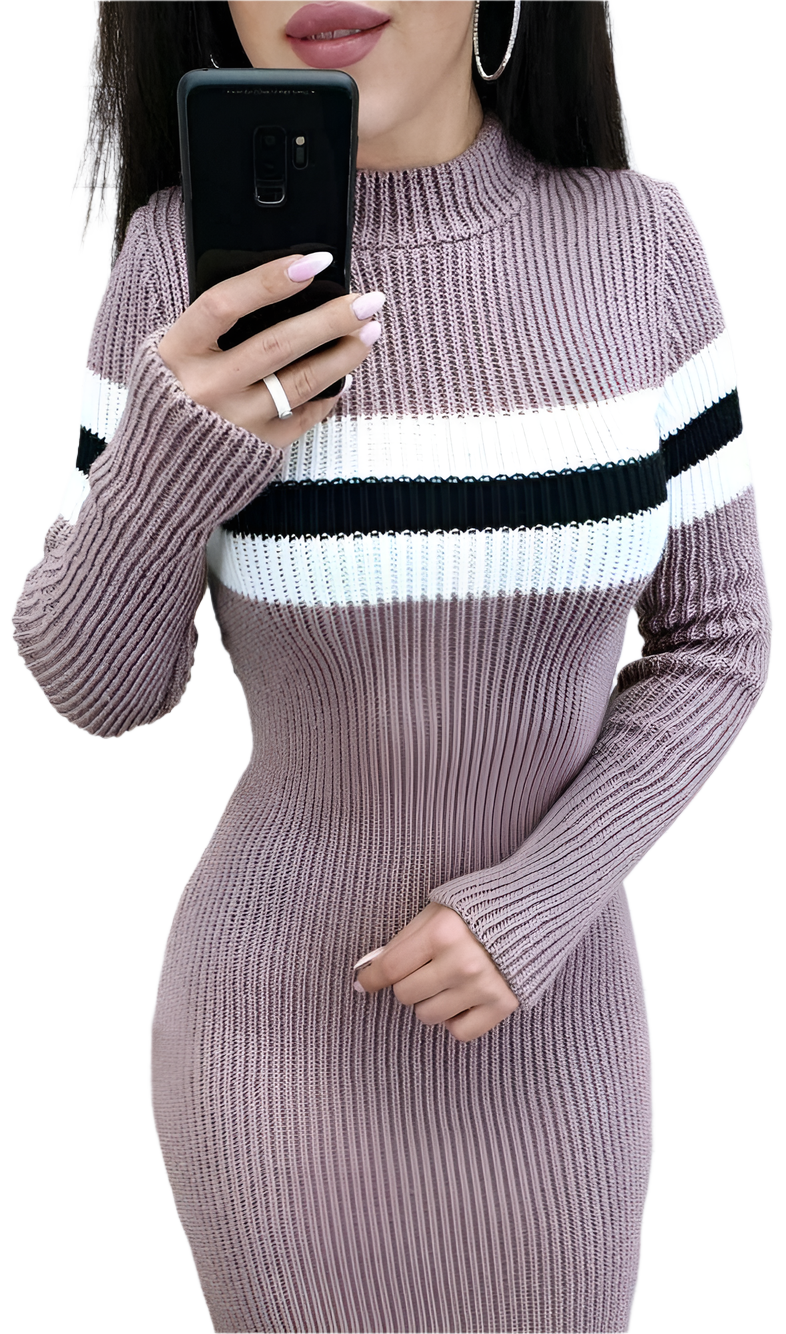 Person wearing a ribbed knit dress with a white and navy stripe, holding a phone.