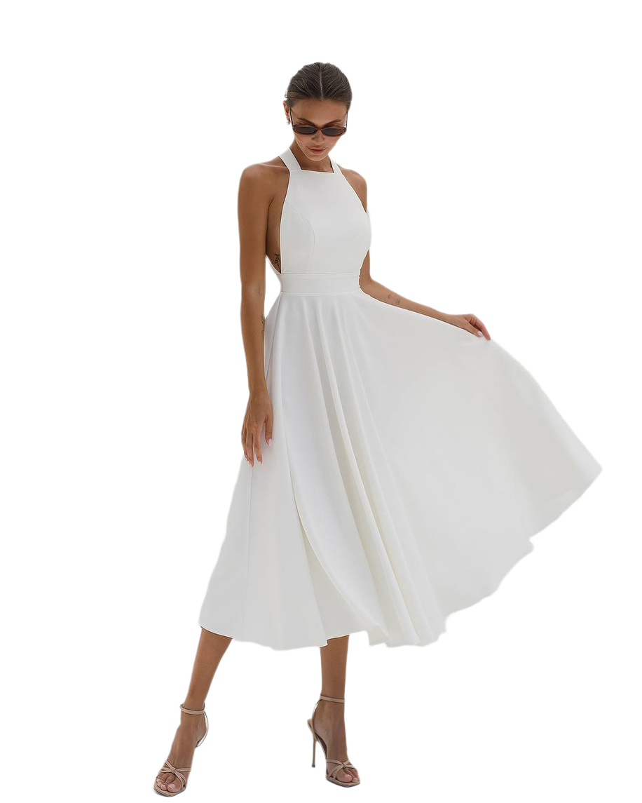 Elegant White Midi Dress for Women Premium Crepe Diagonal Fabric