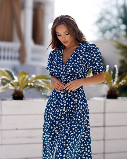 Elegant Blue Floral Midi Dress with Puff Sleeves