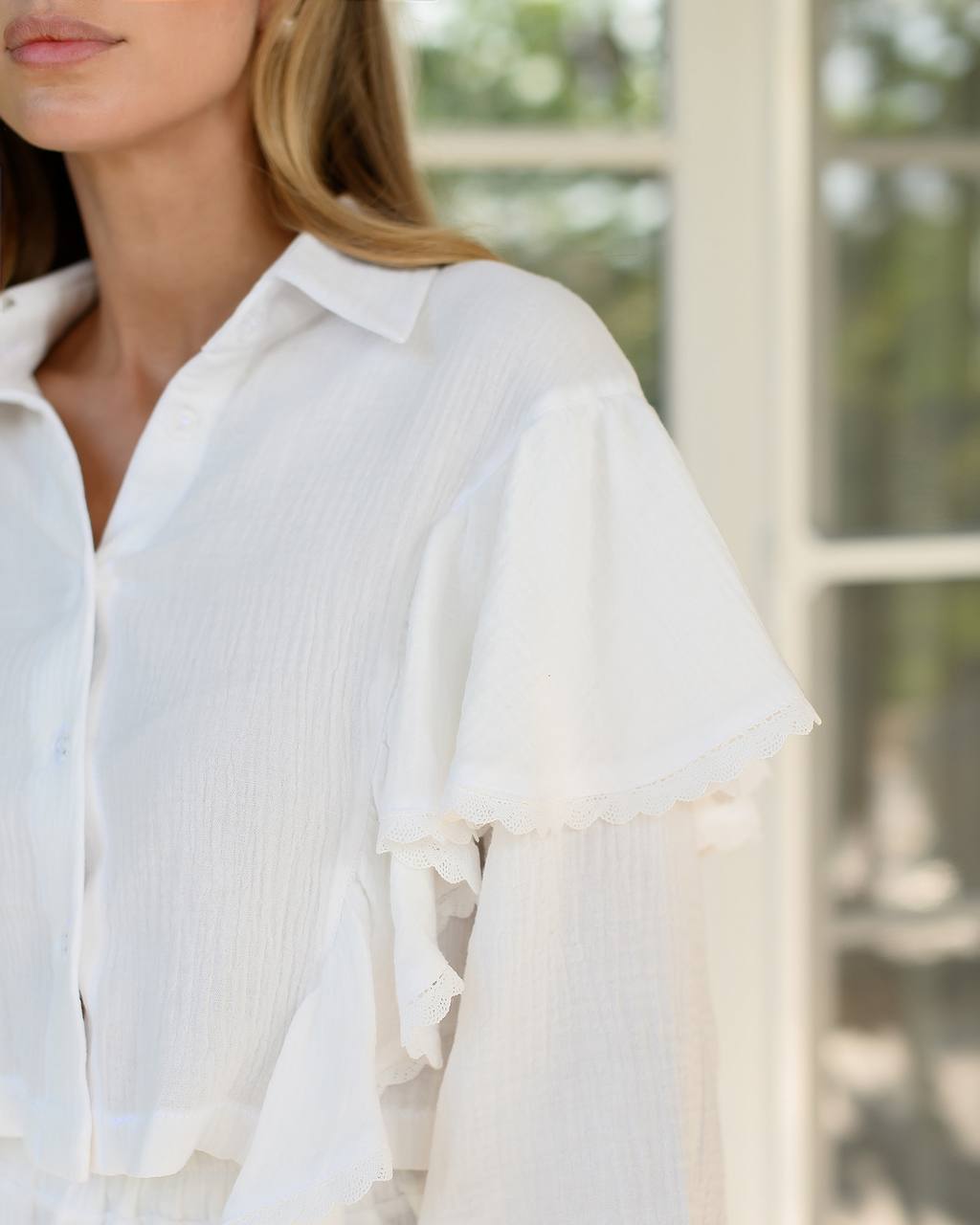 Women's Muslin Two-Piece Set Shirt and Skirt in Milk with Hearts Print