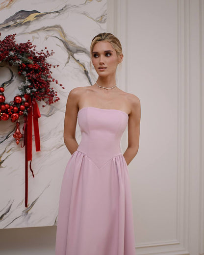Strapless Midi Dress Women Premium Crepe Fabric Elegant Cocktail Dress