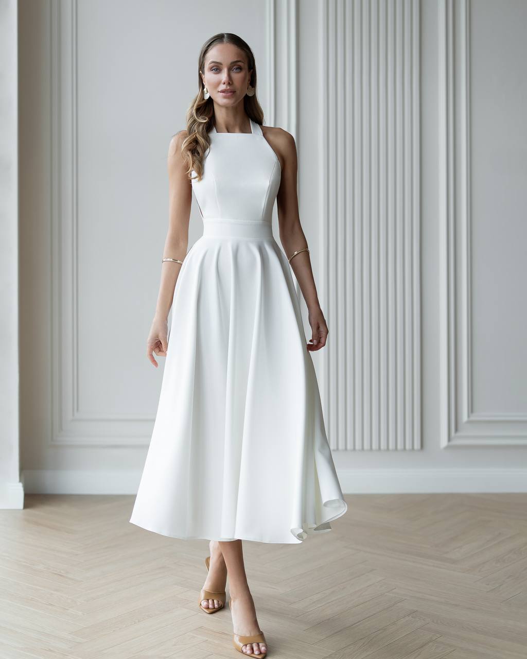 Elegant White Midi Dress for Women Premium Crepe Diagonal Fabric