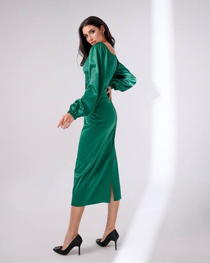 Elegant Women Midi Dress in Royal Dense Mango Satin