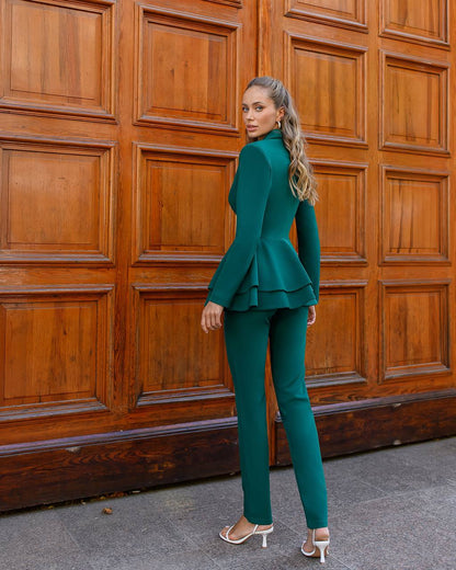 Premium Diagonal Crepe Women Suit with Peplum Jacket in Green