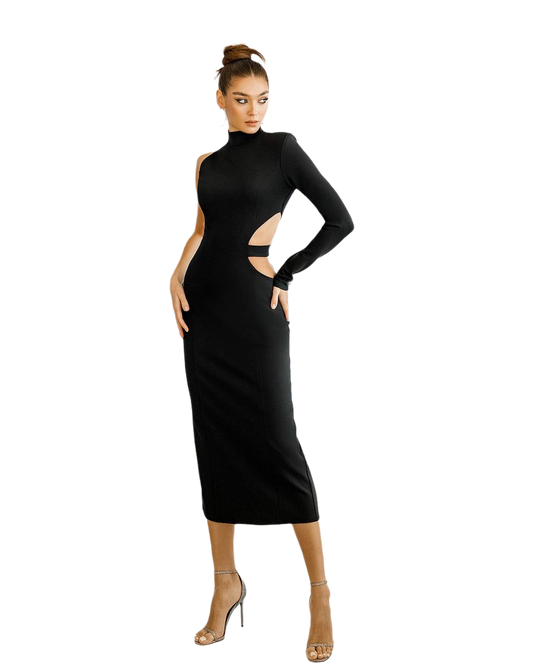 Elegant Black Midi Dress with Cutout Detail and One Sleeve