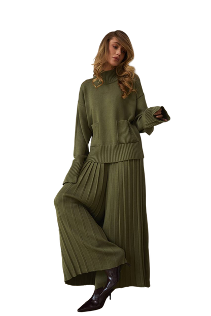 Womens Knitted Two-Piece Suit Sweater and Cropped Culotte Pants