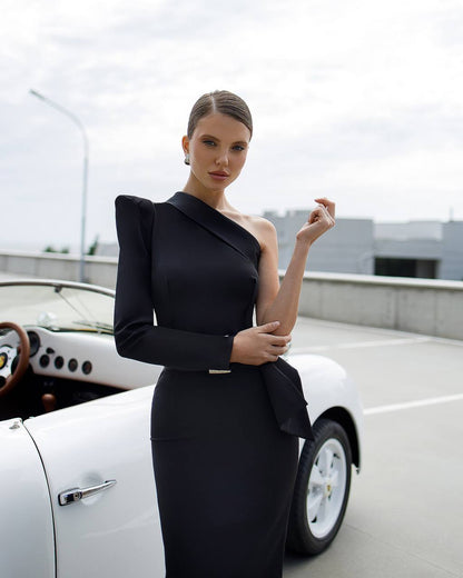 Elegant One-Shoulder Black Midi Dress with Belt