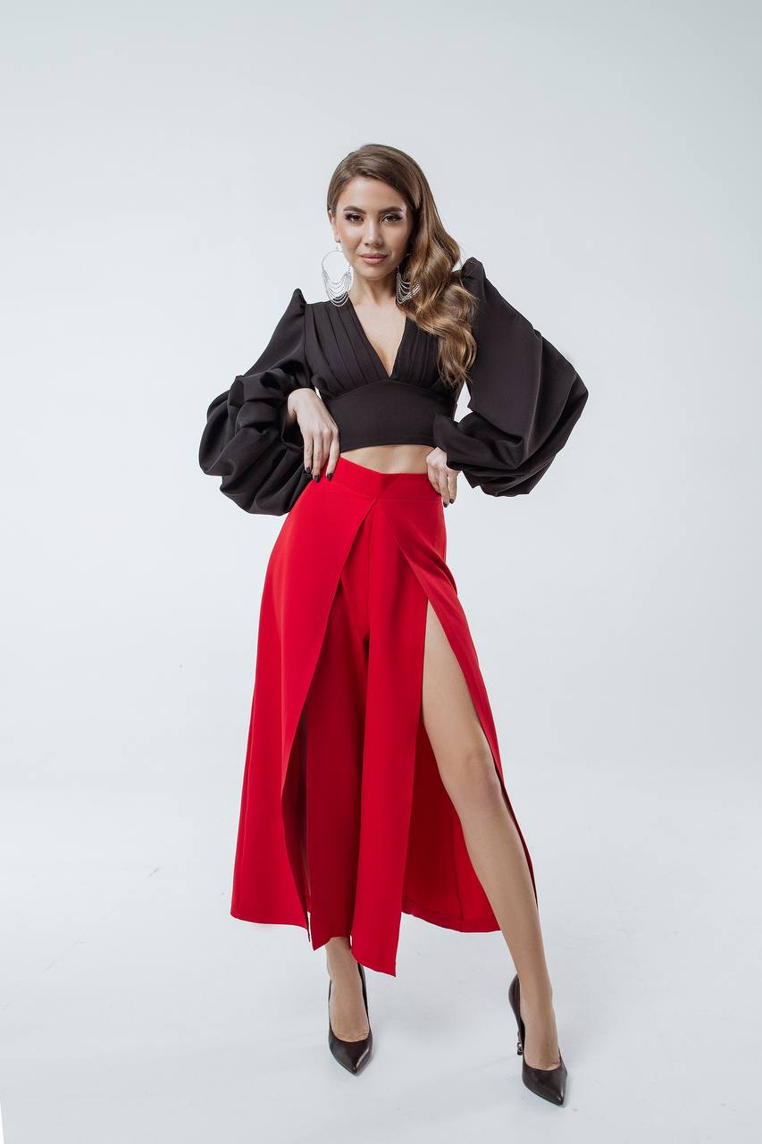 Woman wearing a black top and red skirt on a white background