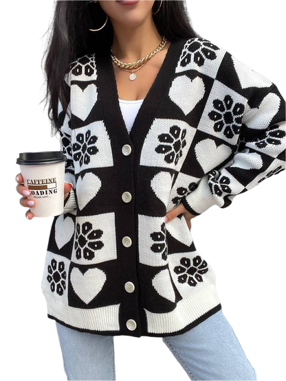 Women Knitted Black White Patterned Cardigan Buttoned Sweater